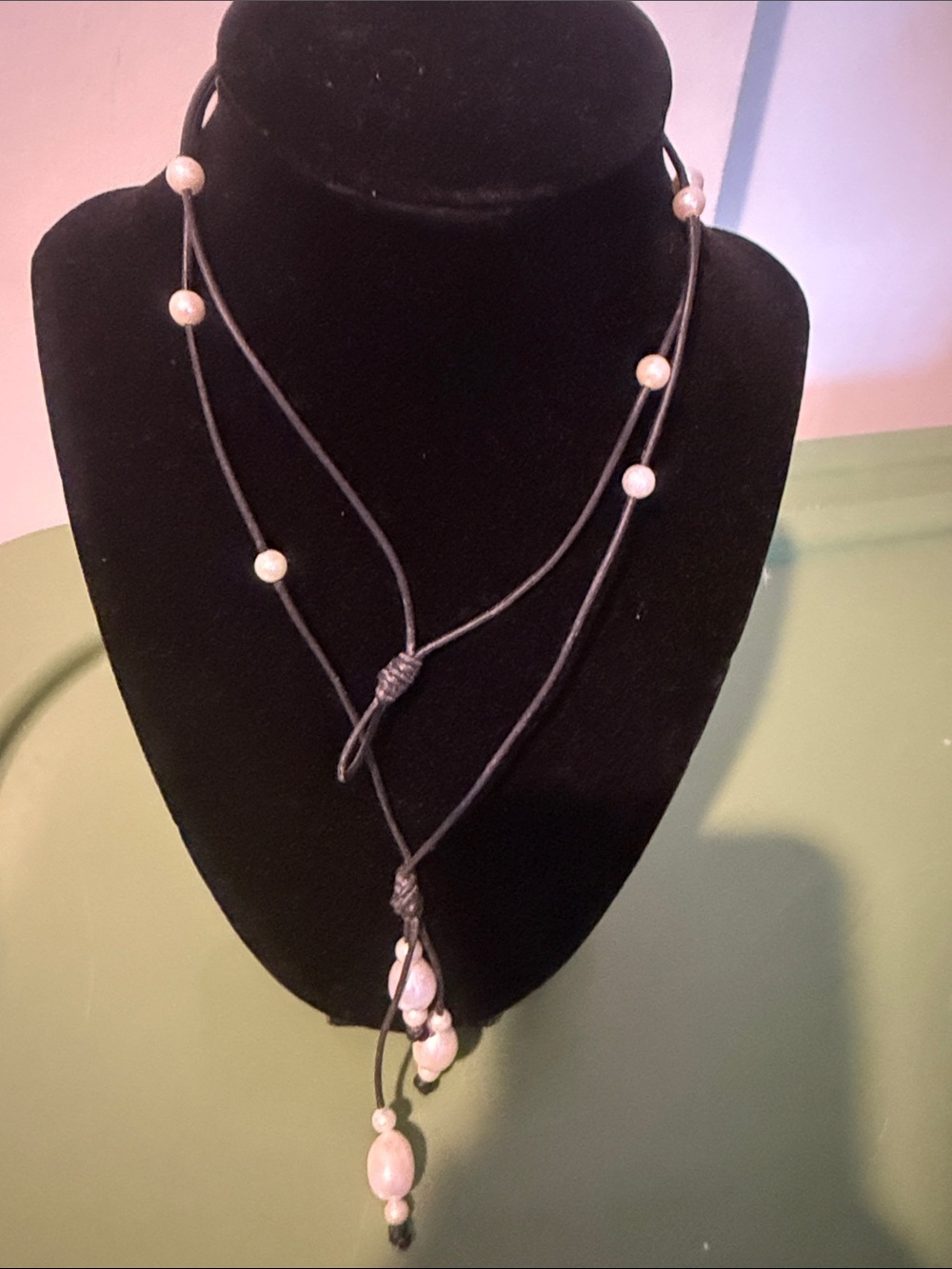 Pearl Accent Black Cord Adjustable Necklace